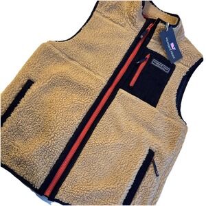 VINEYARD VINES Sherpa Deep Pile Vest Officer Khaki Boy's LARGE 16